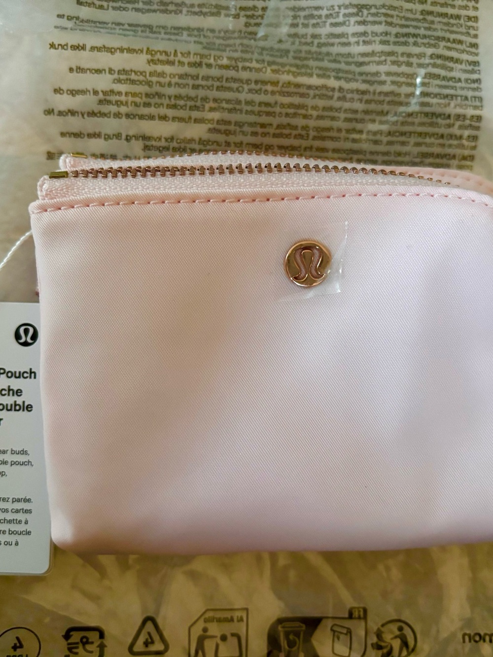 Lululemon pink double pouch zip card case pink and rose gold